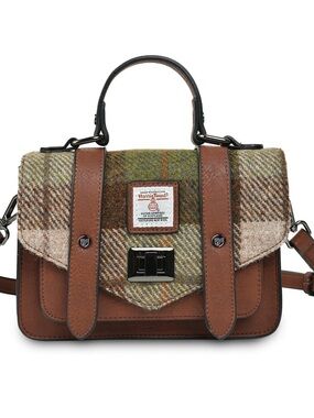 Mini Satchel Bag Harris Tweed Chestnut Tartan Zipped Pockets Shoulder Strap